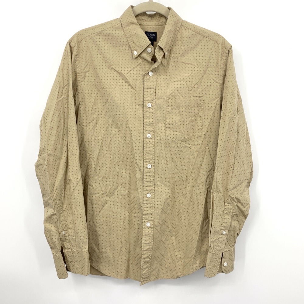 J Crew Men Size Medium Shirt Button Down Top‎ Brown Blue Polka Dot Flex Stretch